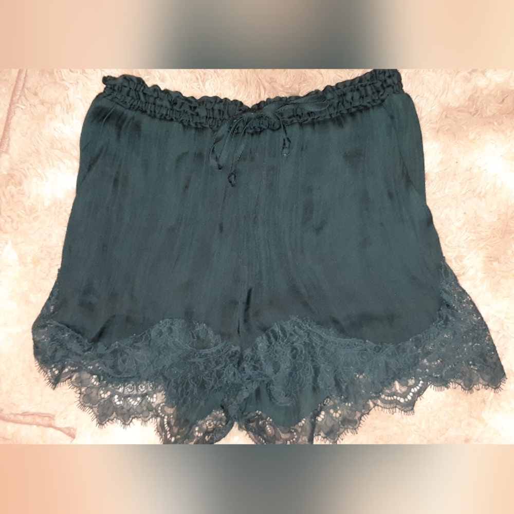 Dark green satin lacy shorts with drawstring and pockets size 2